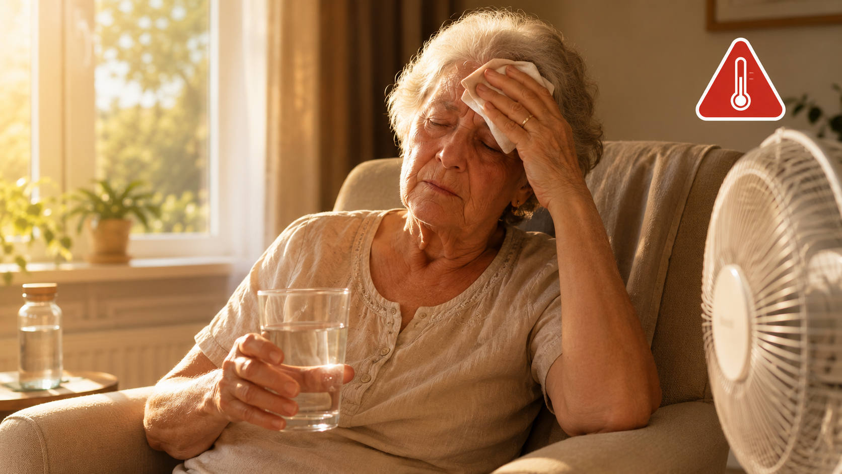 Persona mayor con demencia en verano junto a un ventilador, con un vaso de agua en la mano, ilustrando los efectos del calor en los síntomas cognitivos